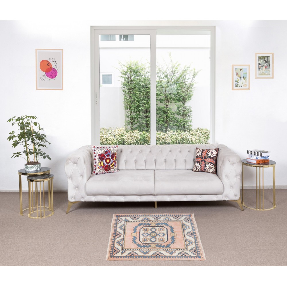 Hand Knotted Turkish Rug, Square Geometric Pattern Small Carpet, 100% Wool