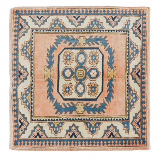 Vintage Hand Knotted Turkish Wool Rug, Square Geometric Pattern Small Carpet