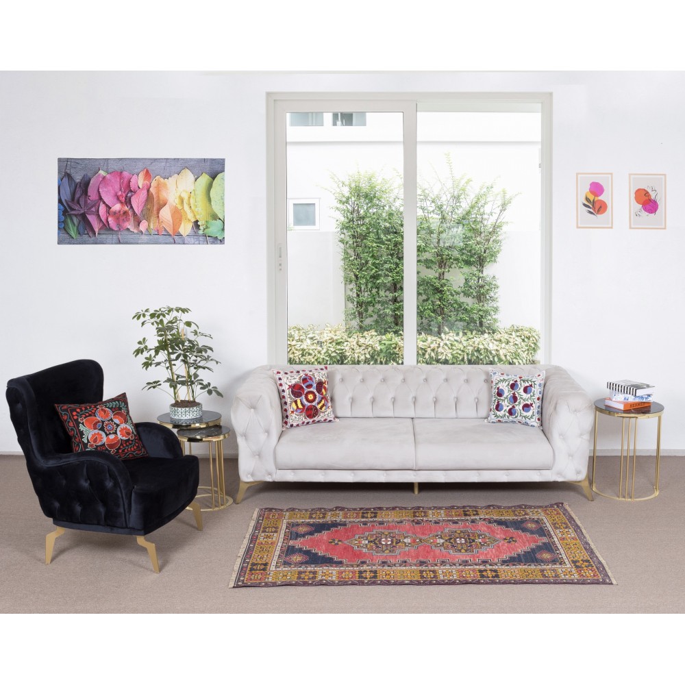 Vintage Tribal Rug from Turkey, Hand Knotted Oriental Carpet in Red, Gold, Dark Blue, Pink & Green Colors