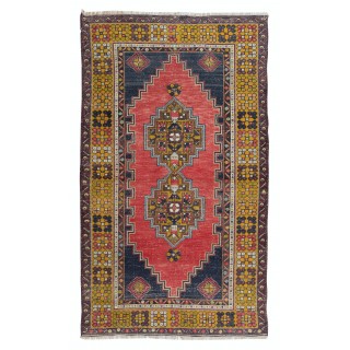 Vintage Tribal Rug from Turkey, Hand Knotted Oriental Carpet in Red, Gold, Dark Blue, Pink & Green Colors