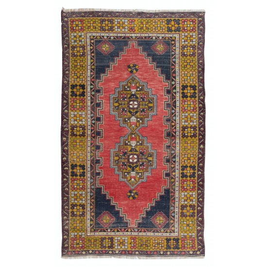 Vintage Tribal Rug from Turkey, Hand Knotted Oriental Carpet in Red, Gold, Dark Blue, Pink & Green Colors