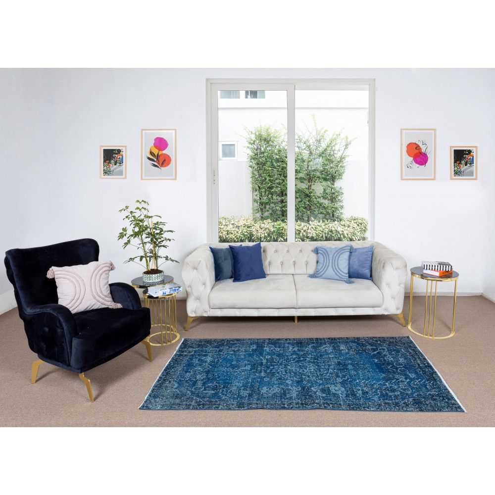 Hand Knotted Vintage Turkish Accent Rug Over-Dyed in Navy Blue, Ideal 4 Modern Interiors