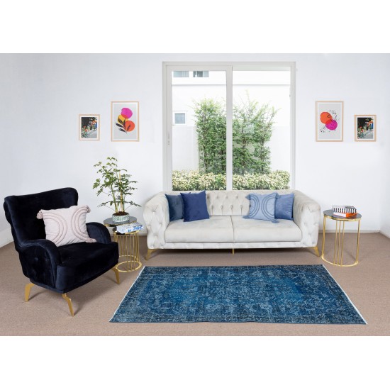 Hand Knotted Vintage Turkish Accent Rug Over-Dyed in Navy Blue, Ideal 4 Modern Interiors Hand Knotted Vintage Turkish Accent Rug Over-Dyed in Navy Blue, Ideal 4 Modern Interiors