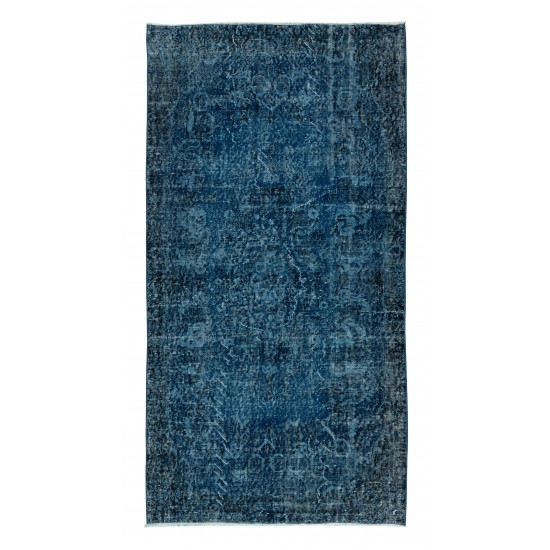 Hand Knotted Vintage Turkish Accent Rug Over-Dyed in Navy Blue, Ideal 4 Modern Interiors