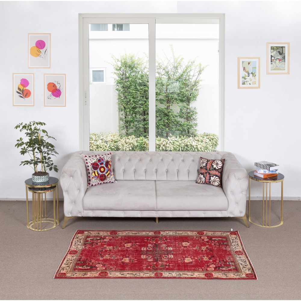 Handmade Turkish Rug in Red & Beige Colors, Art Deco Chinese Design Small Rug