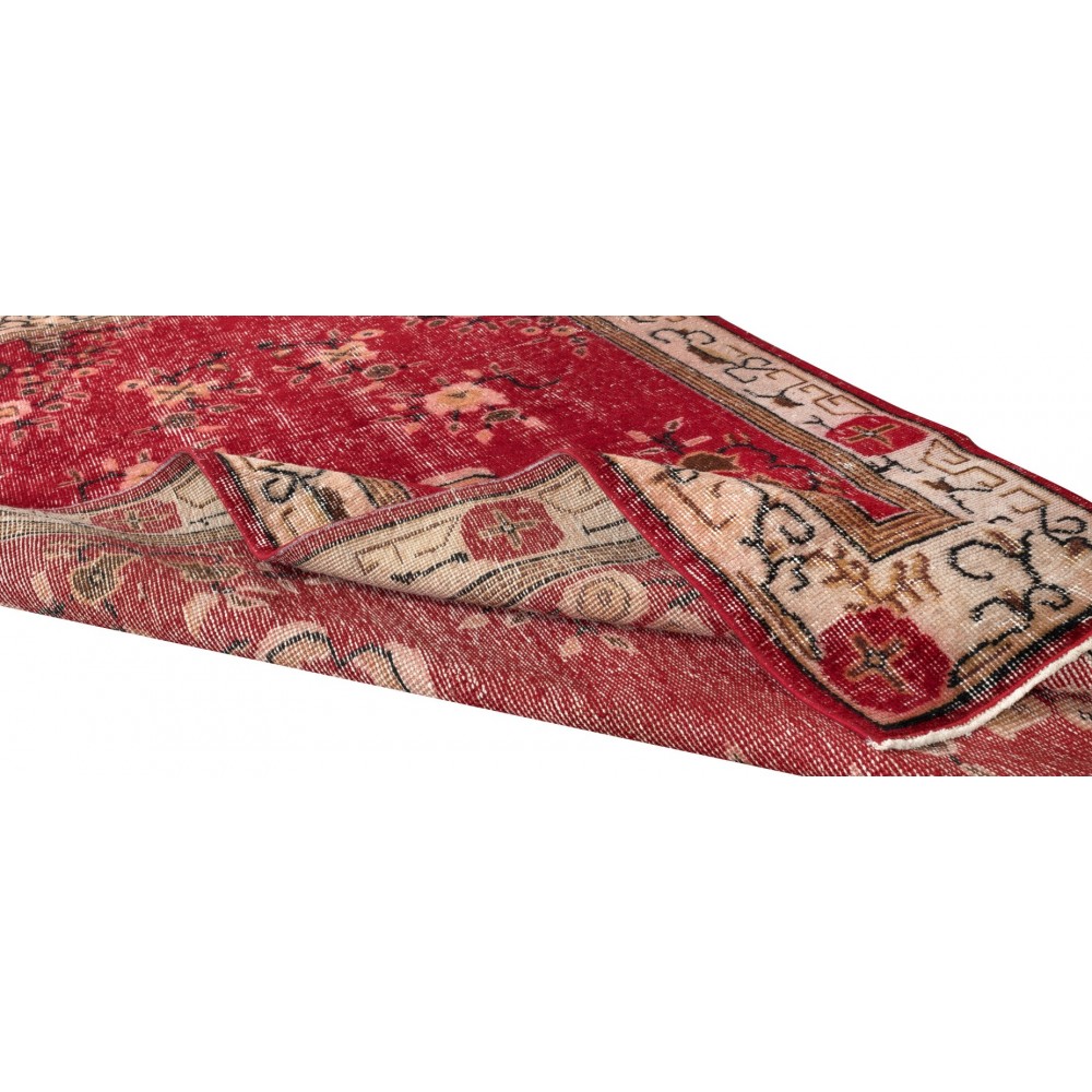 Handmade Turkish Rug in Red & Beige Colors, Art Deco Chinese Design Small Rug