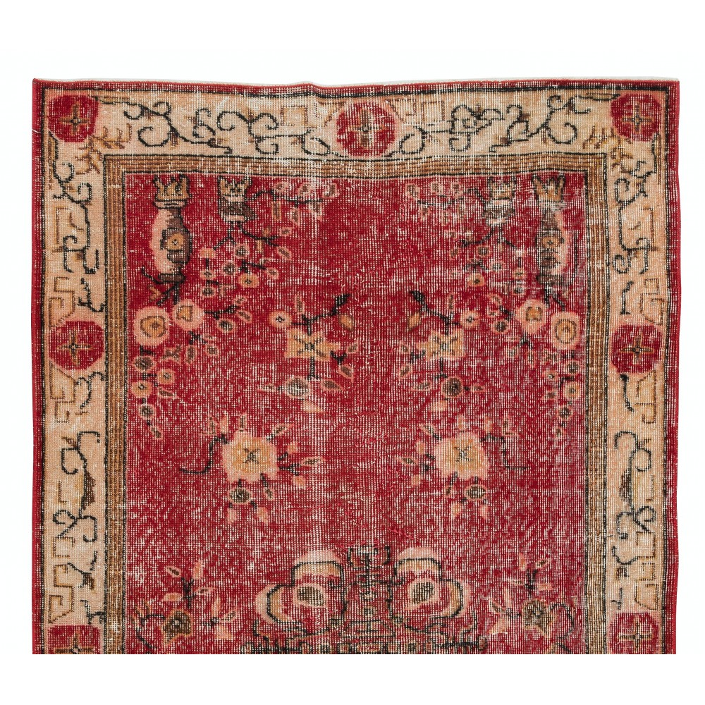 Handmade Turkish Rug in Red & Beige Colors, Art Deco Chinese Design Small Rug