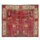 Handmade Turkish Rug in Red & Beige Colors, Art Deco Chinese Design Vintage Small Carpet
