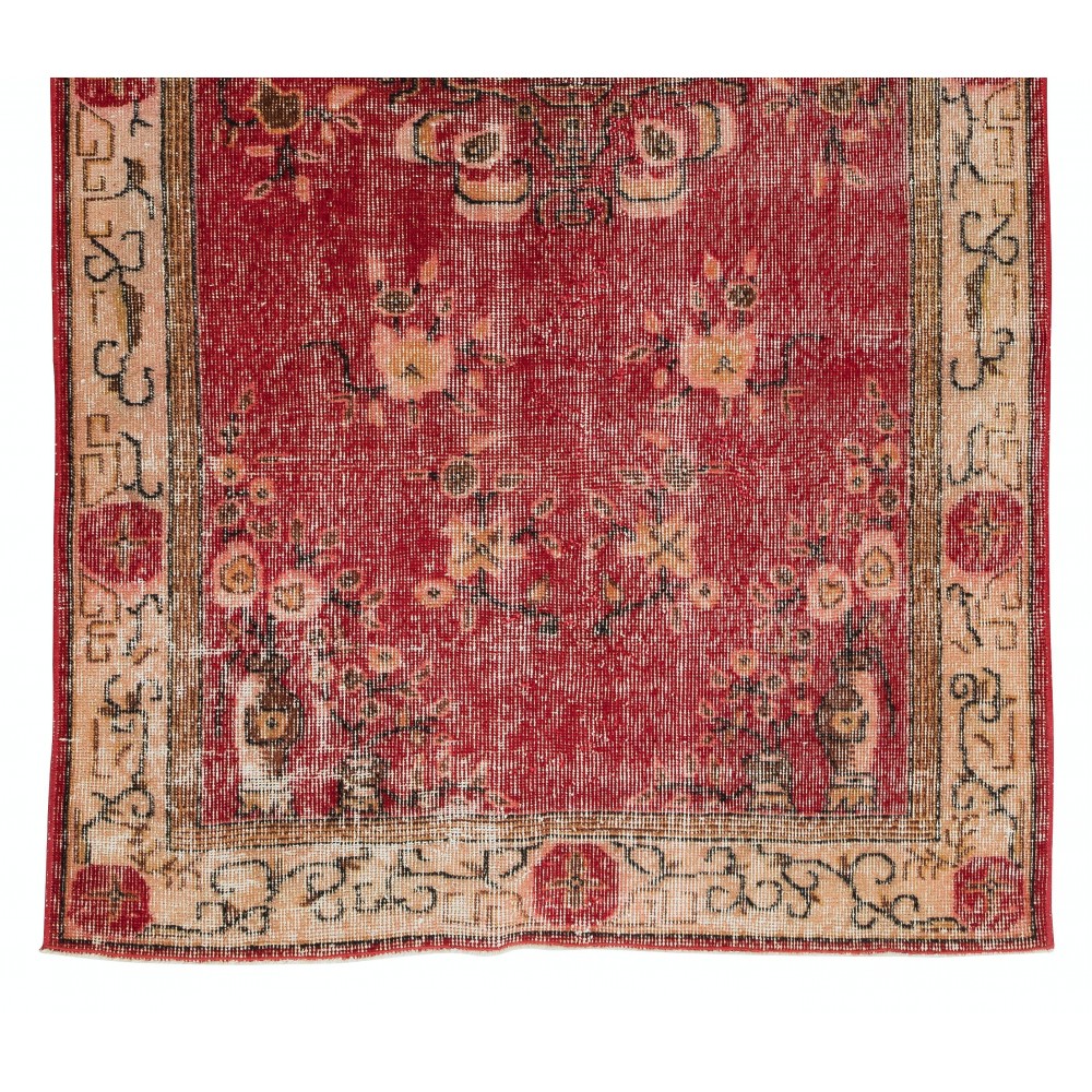 Handmade Turkish Rug in Red & Beige Colors, Art Deco Chinese Design Small Rug