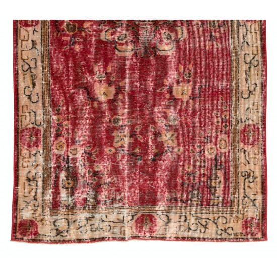 Handmade Turkish Rug in Red & Beige Colors, Art Deco Chinese Design Vintage Small Carpet