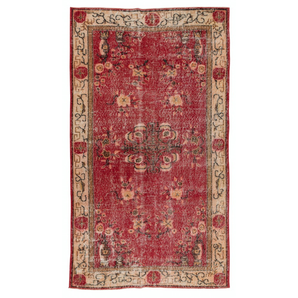 Handmade Turkish Rug in Red & Beige Colors, Art Deco Chinese Design Small Rug