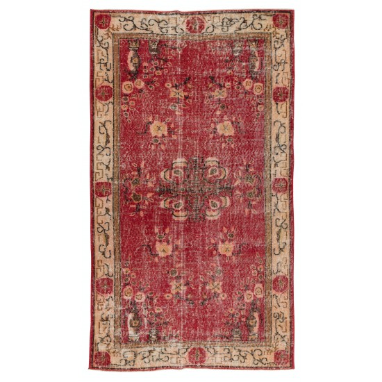 Handmade Turkish Rug in Red & Beige Colors, Art Deco Chinese Design Vintage Small Carpet