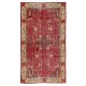 Handmade Turkish Rug in Red & Beige Colors, Art Deco Chinese Design Vintage Small Carpet