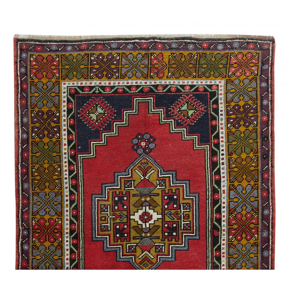 One-of-a-Kind MidCentury Turkish Village Rug, Handmade Tribal Carpet with Bohemian Style