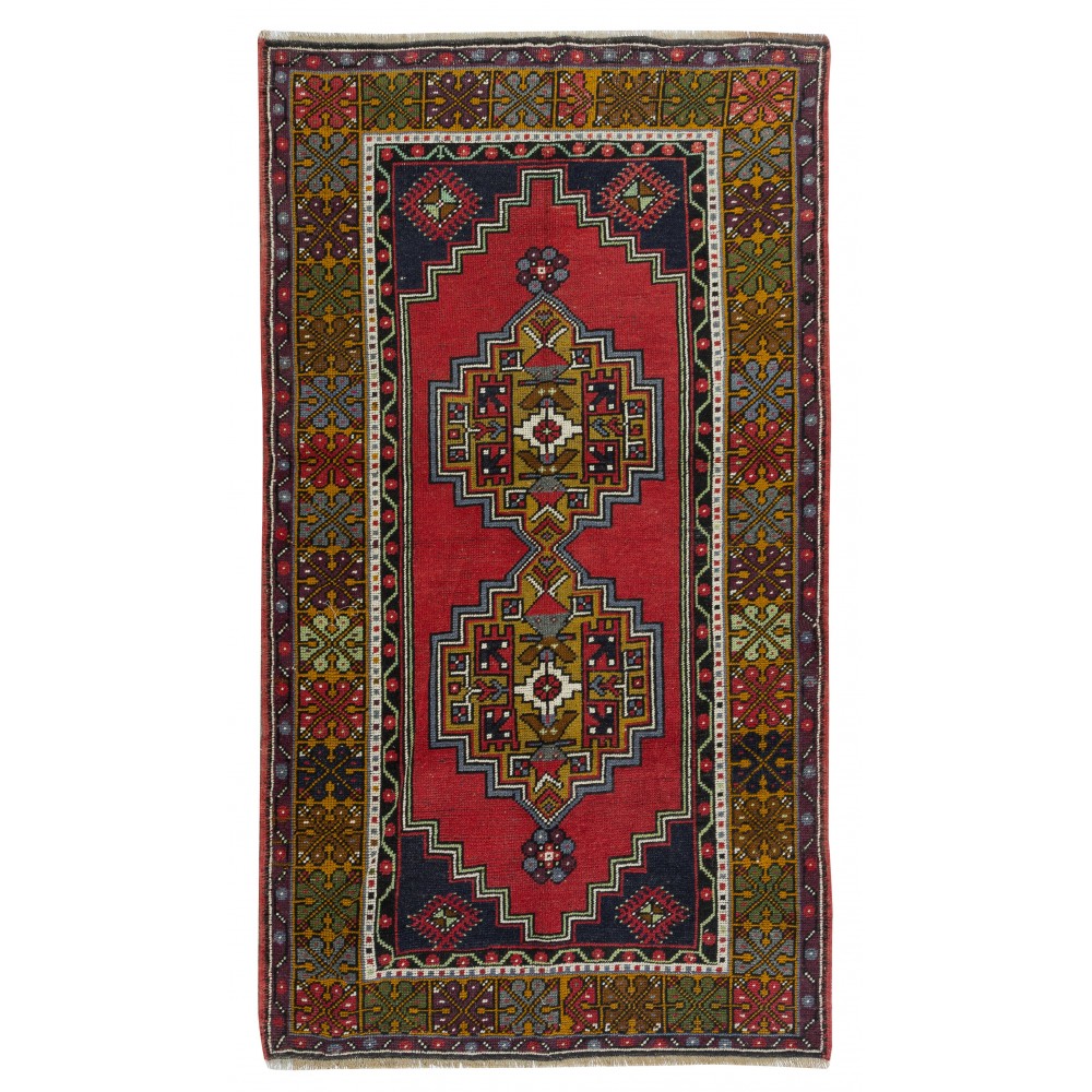 One-of-a-Kind MidCentury Turkish Village Rug, Handmade Tribal Carpet with Bohemian Style