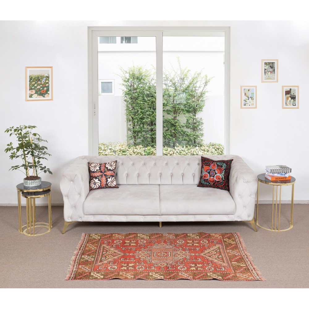 Vintage Hand Knotted Geometric Turkish Traditional Rug in Red