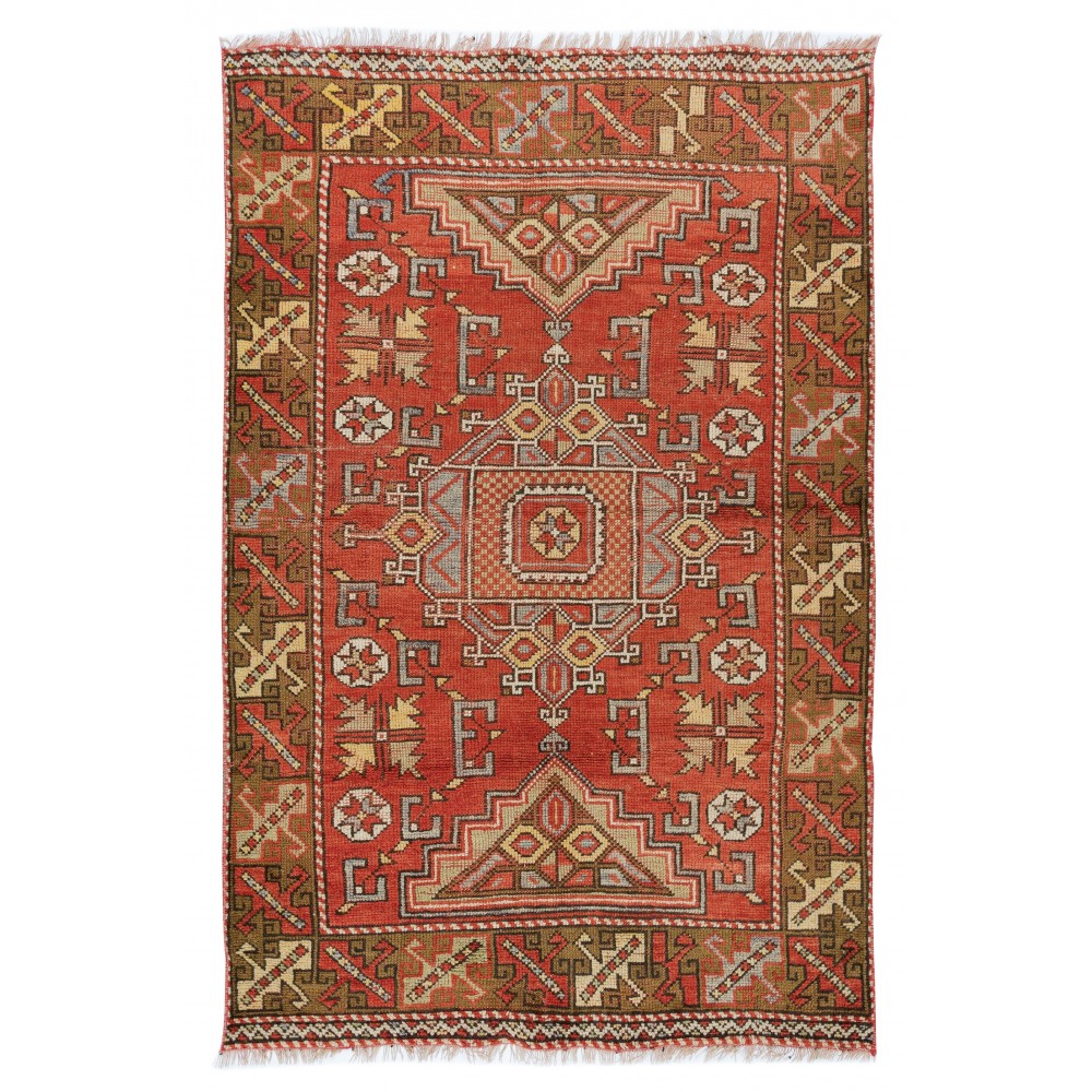 Vintage Hand Knotted Geometric Turkish Traditional Rug in Red