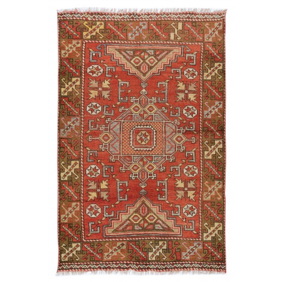 Vintage Hand Knotted Geometric Turkish Traditional Rug in Red