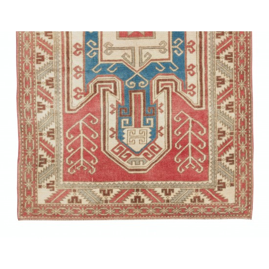 Mid-Century Hand Knotted Geometric Pattern Turkish Rug in Red, Blue and Beige Colors