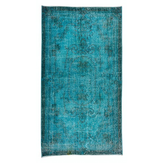 Hand Knotted Vintage Turkish Accent Rug Over-Dyed in Teal, Ideal 4 Modern Interiors