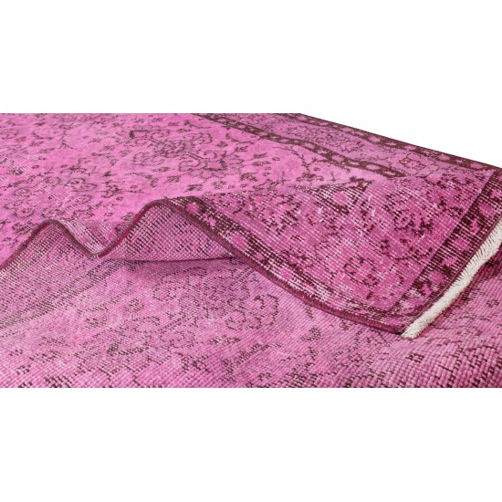 Pink Over-Dyed Rug, Floral Pattern Turkish Vintage Hand Knotted Carpet