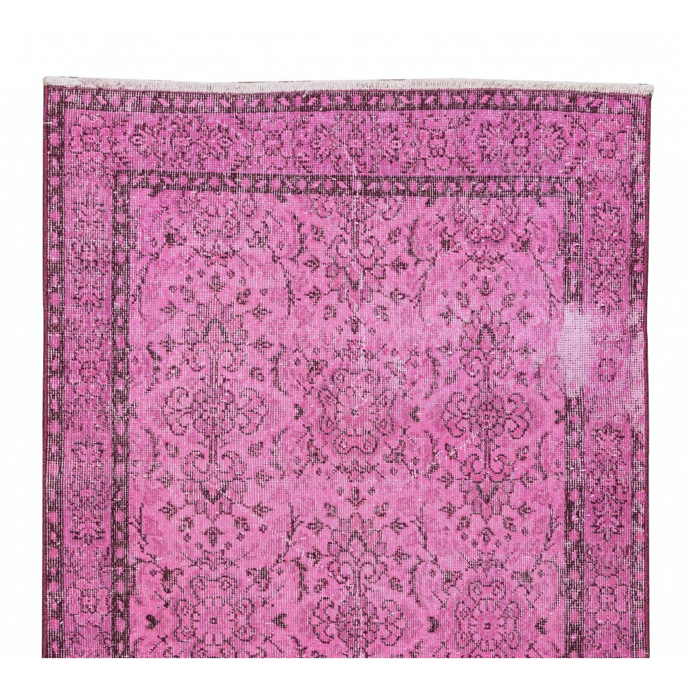 Pink Over-Dyed Rug, Floral Pattern Turkish Vintage Hand Knotted Carpet