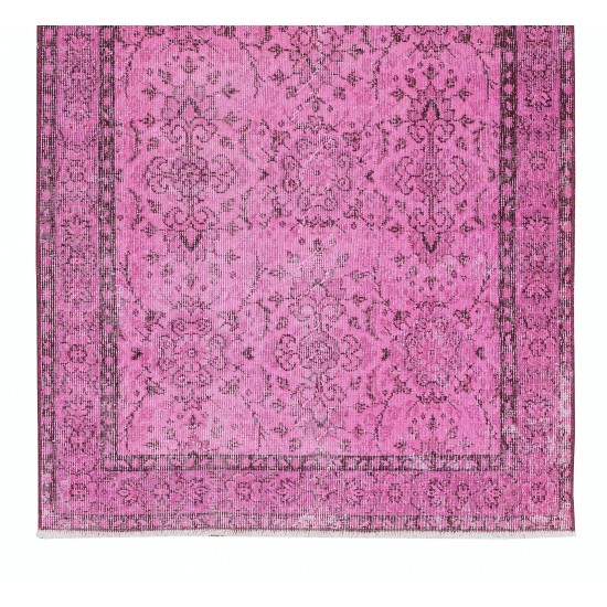 Pink Over-Dyed Rug, Floral Pattern Turkish Vintage Hand Knotted Carpet