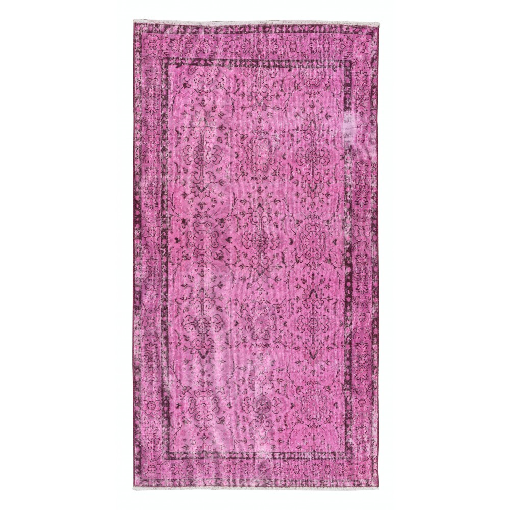 Pink Over-Dyed Rug, Floral Pattern Turkish Vintage Hand Knotted Carpet