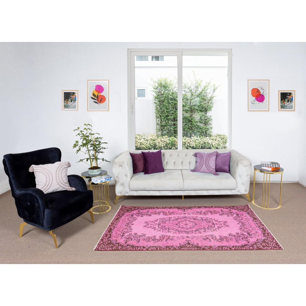 Floral Medallion Design Rug Over-Dyed in Pink, Vintage Hand Knotted Turkish Rug