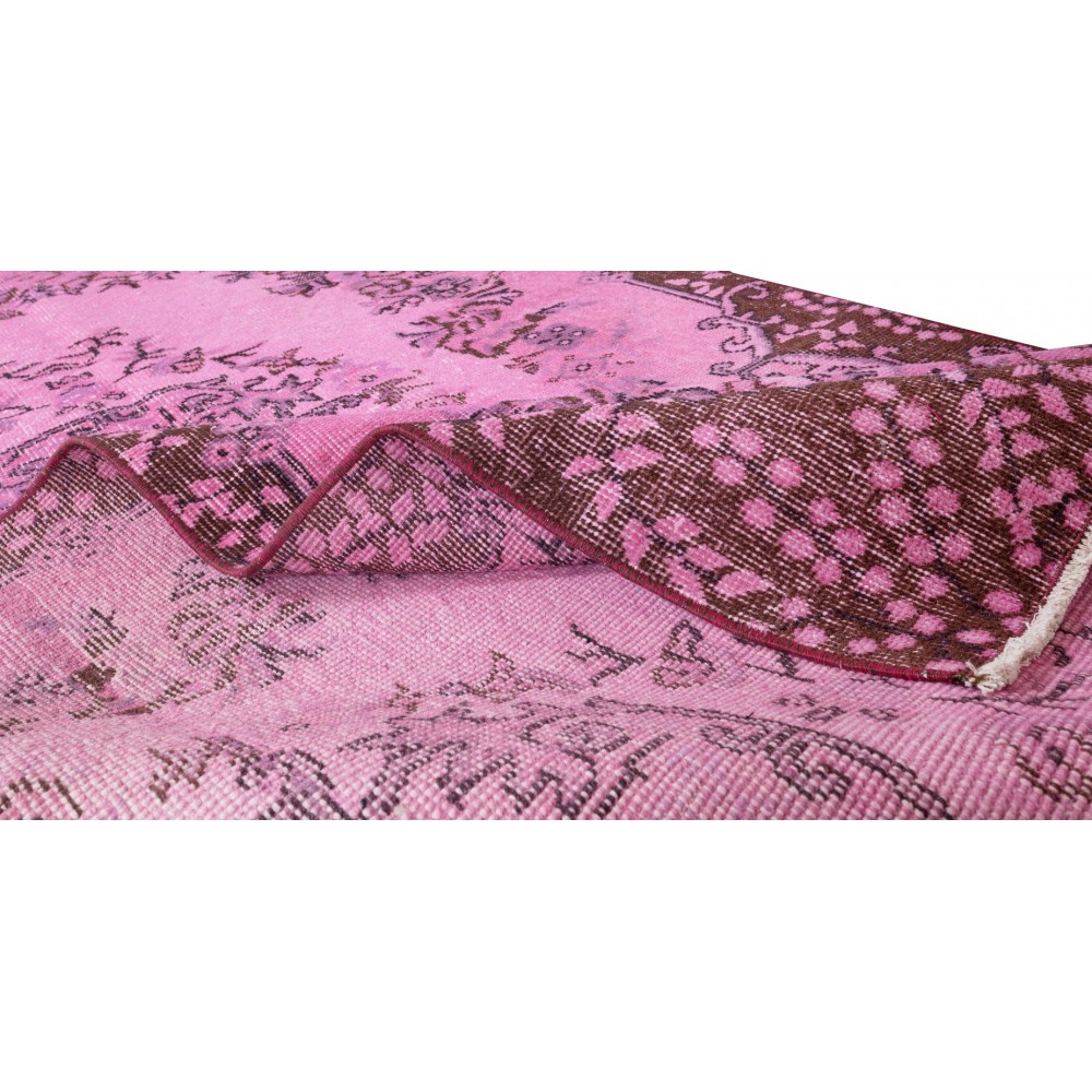 Floral Medallion Design Rug Over-Dyed in Pink, Vintage Hand Knotted Turkish Rug