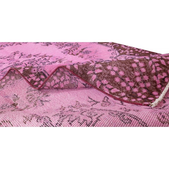 Floral Medallion Design Rug Over-Dyed in Pink, Vintage Hand Knotted Turkish Rug Floral Medallion Design Rug Over-Dyed in Pink, Vintage Hand Knotted Turkish Rug