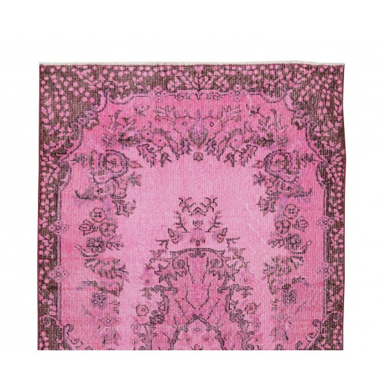 Floral Medallion Design Rug Over-Dyed in Pink, Vintage Hand Knotted Turkish Rug Floral Medallion Design Rug Over-Dyed in Pink, Vintage Hand Knotted Turkish Rug