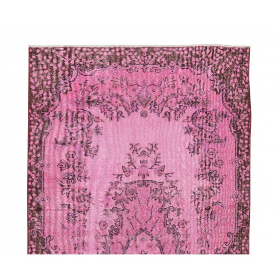 Floral Medallion Design Rug Over-Dyed in Pink, Vintage Hand Knotted Turkish Rug