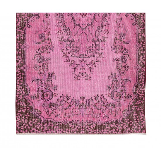 Floral Medallion Design Rug Over-Dyed in Pink, Vintage Hand Knotted Turkish Rug Floral Medallion Design Rug Over-Dyed in Pink, Vintage Hand Knotted Turkish Rug