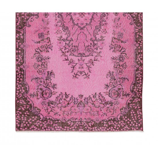 Floral Medallion Design Rug Over-Dyed in Pink, Vintage Hand Knotted Turkish Rug