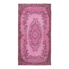 Vintage Handmade Turkish Wool Area Rug redyed in Pink Color for contemporary interiors