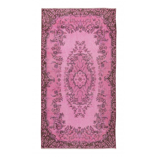 Floral Medallion Design Rug Over-Dyed in Pink, Vintage Hand Knotted Turkish Rug Floral Medallion Design Rug Over-Dyed in Pink, Vintage Hand Knotted Turkish Rug