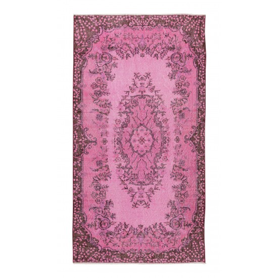 Floral Medallion Design Rug Over-Dyed in Pink, Vintage Hand Knotted Turkish Rug