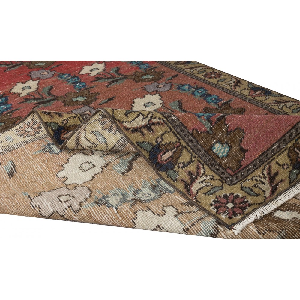 Vintage Handmade Floral Turkish Rug in Red & Beige