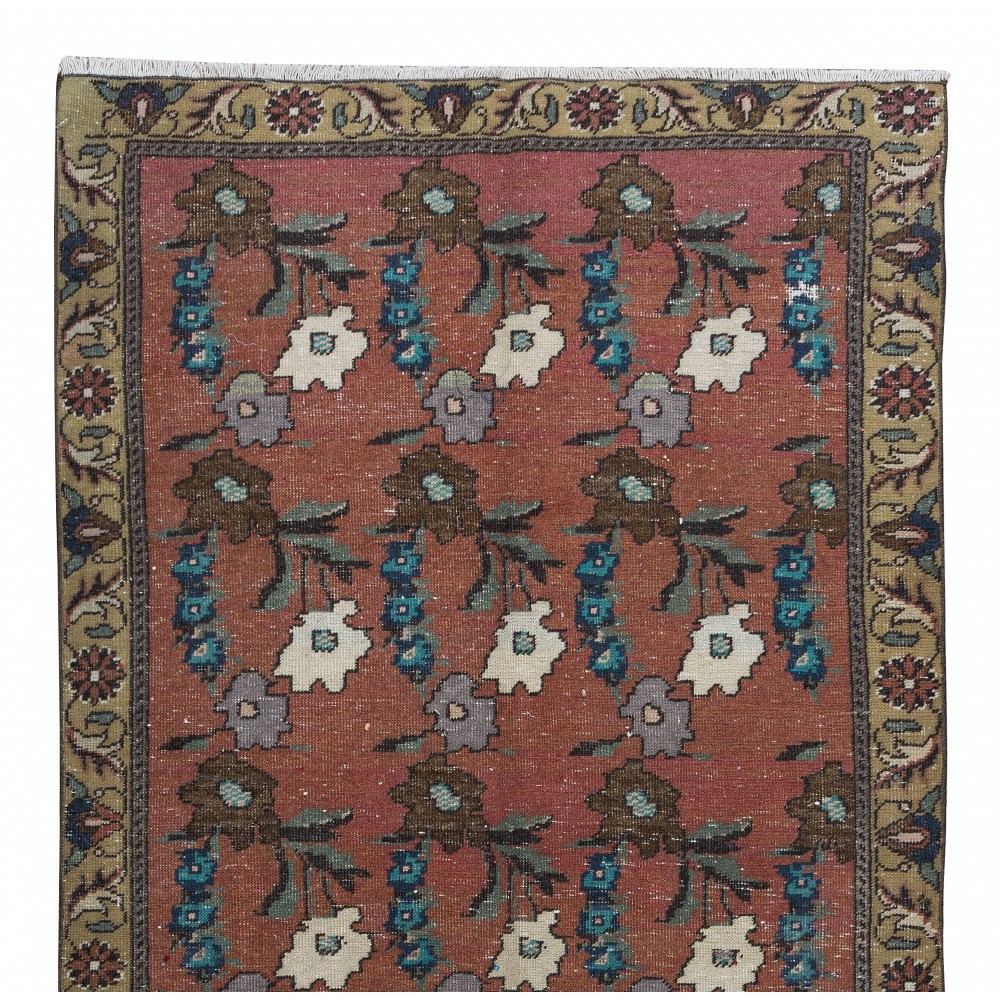 Vintage Handmade Floral Turkish Rug in Red & Beige