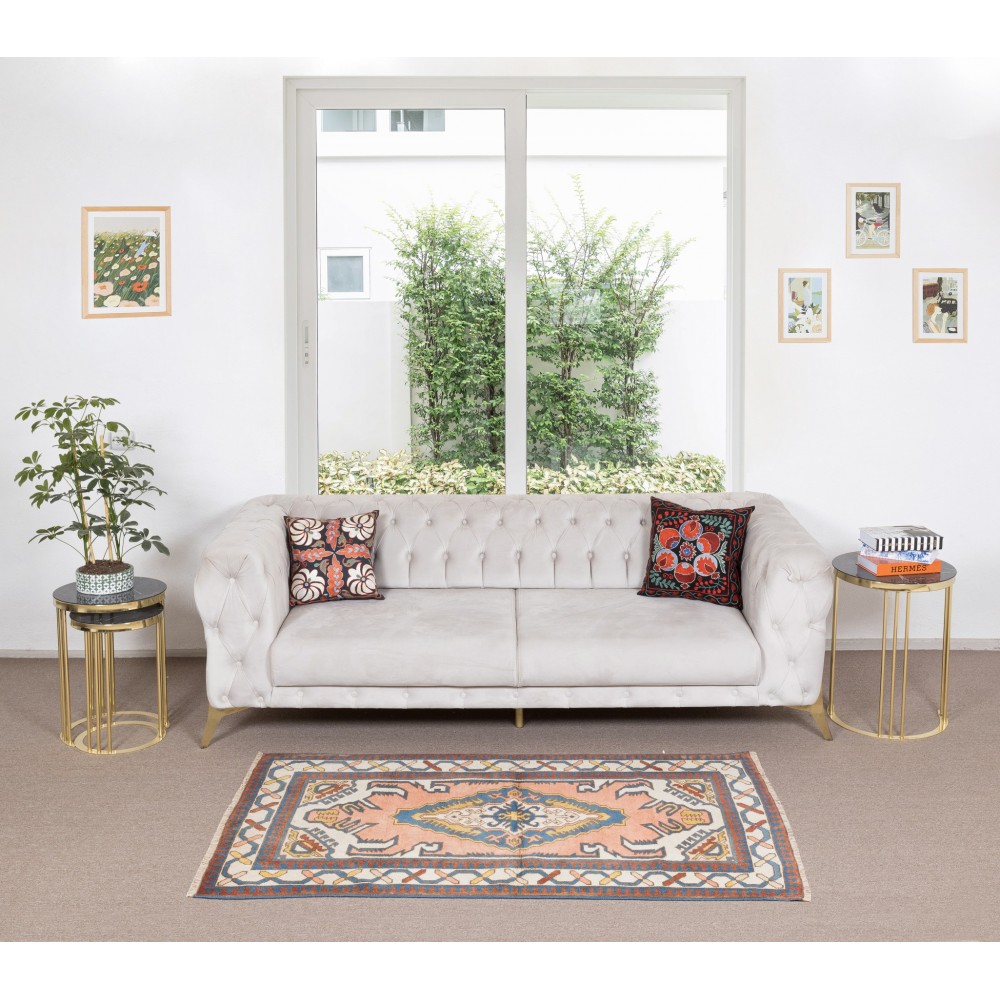 Vintage Handmade Turkish Rug with Geometric Design, 100% Wool