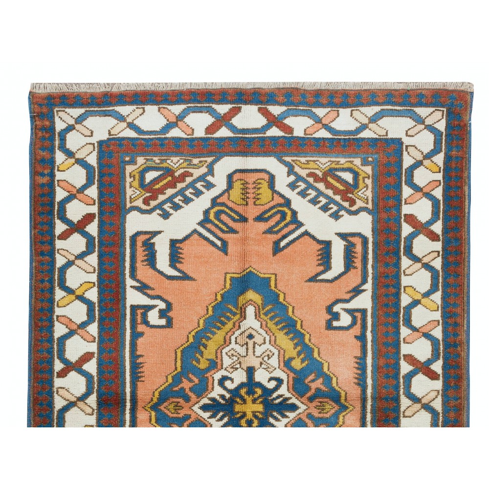 Vintage Handmade Turkish Rug with Geometric Design, 100% Wool