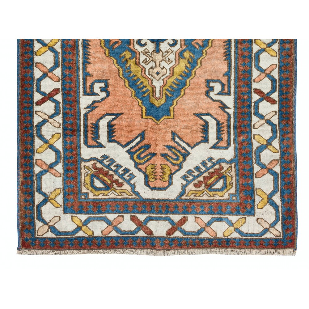 Vintage Handmade Turkish Rug with Geometric Design, 100% Wool