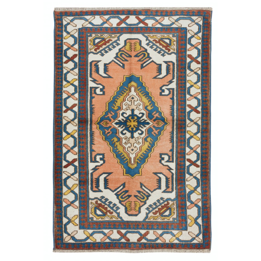 Vintage Handmade Turkish Rug with Geometric Design, 100% Wool