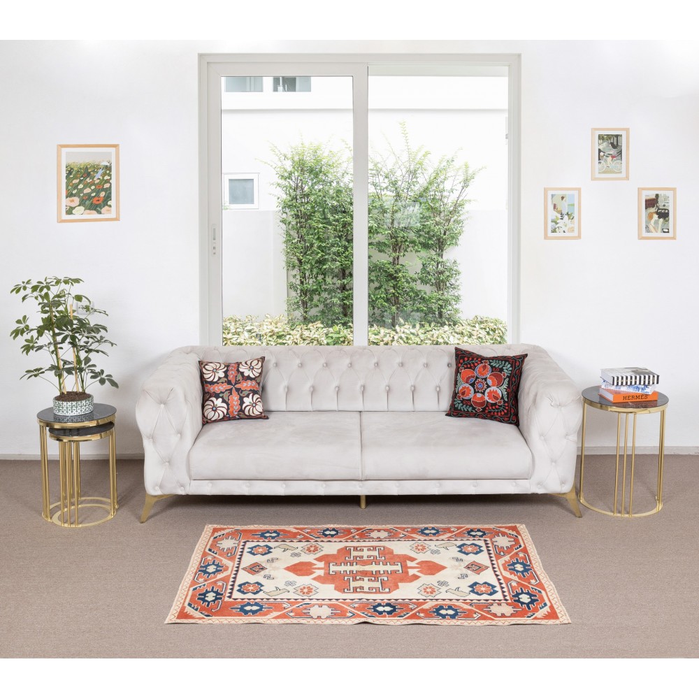 Hand Knotted Geometric Rug in Cream, Red & Blue Colors, 100% Wool