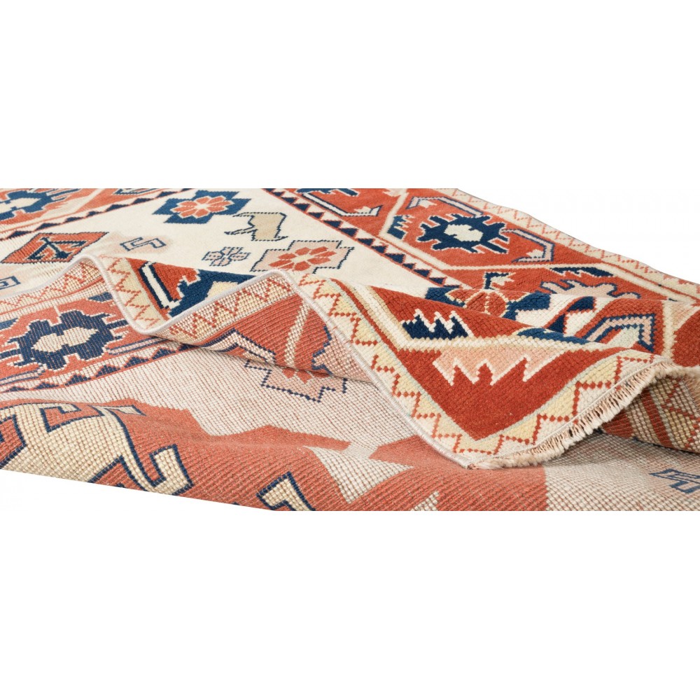 Hand Knotted Geometric Rug in Cream, Red & Blue Colors, 100% Wool