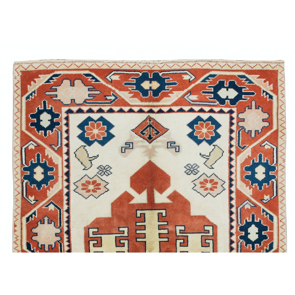 Hand Knotted Geometric Rug in Cream, Red & Blue Colors, 100% Wool