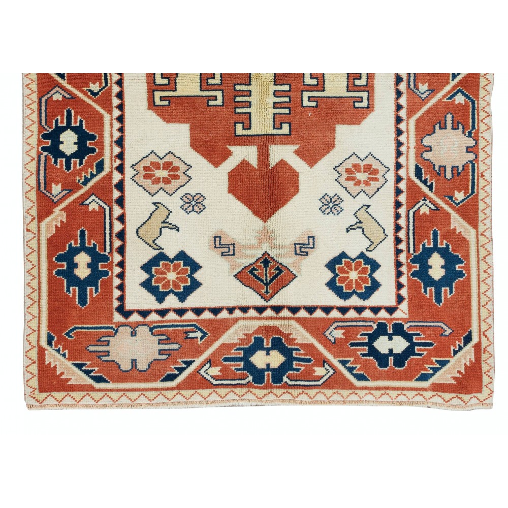Hand Knotted Geometric Rug in Cream, Red & Blue Colors, 100% Wool