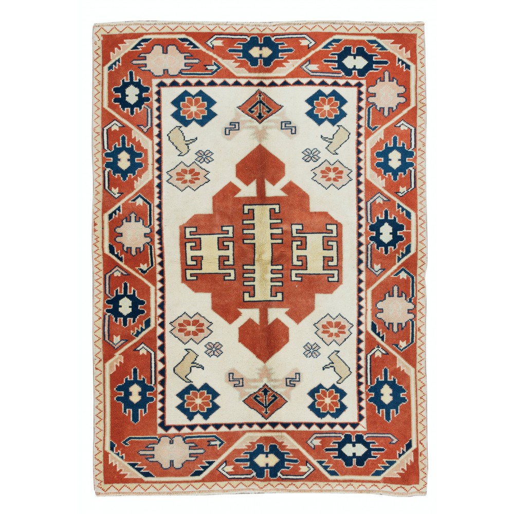 Hand Knotted Geometric Rug in Cream, Red & Blue Colors, 100% Wool