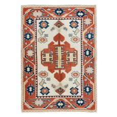 Hand Knotted Geometric Rug in Cream, Red & Blue Colors, 100% Wool